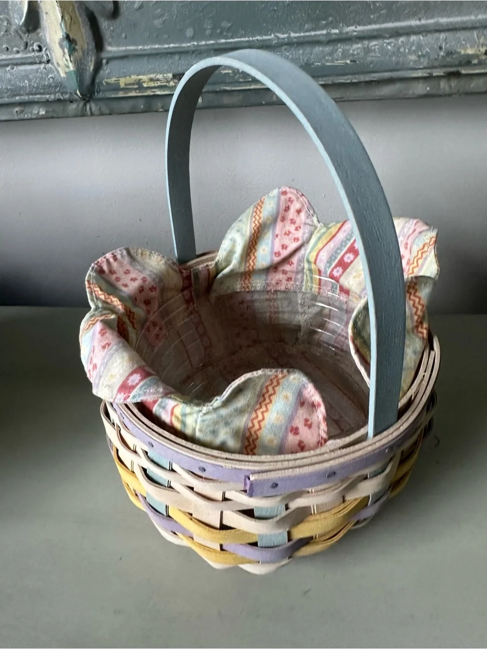 Longaberger white wash colorful pastel Easter basket with liner protector